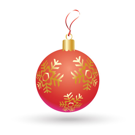 Christmas ball. Glitter Christmas red ball with golden snowflakes isolated on white background. Vector illustration for Merry Christmas and New Year Holiday.のイラスト素材