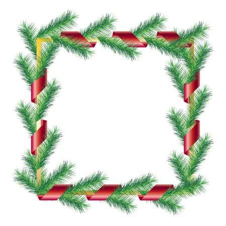 Christmas. 2017. Christmas Holiday background. Christmas frame. Christmas tree ornament. Christmas green branches tree & red ribbon isolated on white. Vector. Merry Christmas. New Year Holiday. Christmas tree fir Border.のイラスト素材