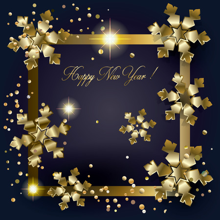 Christmas. Merry Christmas and Happy New Year greeting card with gold snowflakes and glitter, confetti. Vector illustration. Festive luxury background. Winter Holiday. 2017. Postcard. Gold Snowfall frame.のイラスト素材