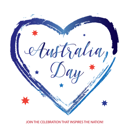 Australia day 26th January inscription poster in Australian flag color, stars, heart shape, love symbol, calligraphy lettering on white background. Greeting card design. Wallpaper Vector illustration.のイラスト素材