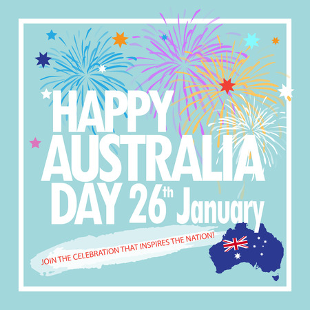 Happy Australia Day 26th January inscription poster with Australia map, Australian flag isolated, stars and fireworks. Holiday vector illustration. Festive blue background. For Advertising, Traveling, Promotion, Celebration, Congratulate, Kids Event.のイラスト素材