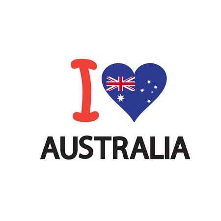 Australia day 26 January poster with Australian flag color heart shape, stars, sunburst on white background. Holiday Greeting card design. Vector illustration. "I love Australia" inscription logo concept.のイラスト素材