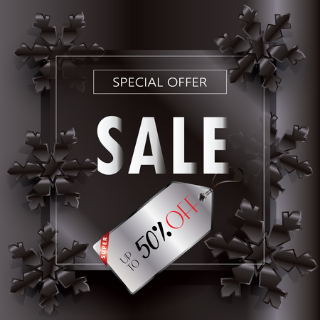 Sale discount elegant poster with black snowflakes, price tag, black background, glass texture. Vector template for Black Friday, Christmas Holiday Sale gift card, coupon.のイラスト素材