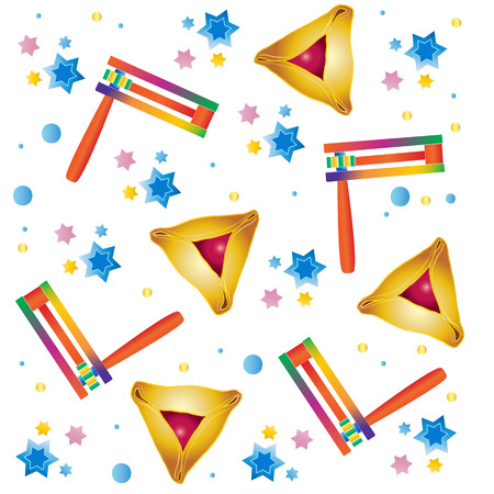 Purim pattern. Purim Jewish Holiday decorative pattern with traditional hamantaschen cookies, toy grogger noisemaker on festive background with confetti and stars. Purim Festival Vector illustration. Holiday decorationのイラスト素材