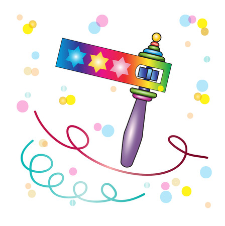 Purim traditional toy "grogger" noisemaker isolated on festive background with colorful confetti. Purim toys Festival Jewish Holiday decoration.のイラスト素材