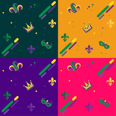 Mardi Gras Carnival pattern with fleur-de-lis, crown, carnival mask. Carnival, Festival, Masquerade decorative pattern design.のイラスト素材