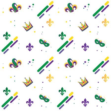 Mardi Gras Carnival pattern with fleur-de-lis, crown, carnival mask. Carnival, Festival, Masquerade decorative pattern design Vintage ornament vectorのイラスト素材