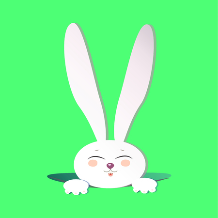 Cute rabbit on green background. Flat style, cartoon. Easter bunny. Cute Rabbit icon, banner. Rabbit Vector. Illustrationのイラスト素材