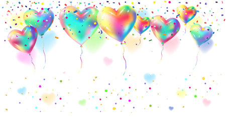 Balloons. Carnival festive background. Heart balloons, group balloons and confetti, blurred hearts on white background. Masquerade, Festival, Carnival, Parade, Christmas Holiday, Birthday decoration.のイラスト素材
