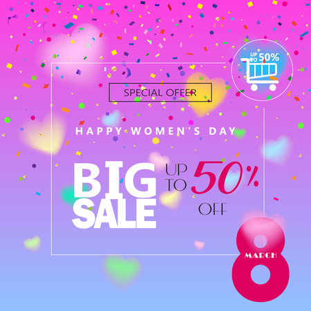 Sale Discount banner Happy Women's Day, Eighth March. Spring Holiday Big Sale, gift card, coupon. Futuristic, coupon design. Marketing. Advertising. Vector bannersのイラスト素材