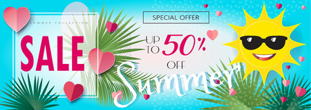 Summer sale. Tropical background banner with sun icon, palm tree leaves frame, sky, hearts. Vector illustration gift card, voucher, poster template.のイラスト素材
