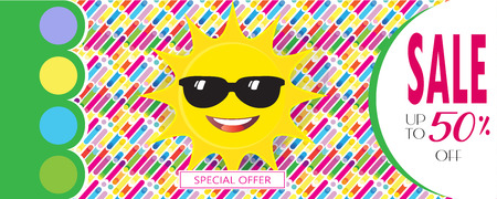 Summer Sale discount gift card. Cute sun icon, abstract dynamic pattern. Vector banner. Advertising template for rt, Print, Web design.のイラスト素材