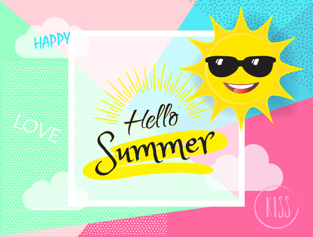 Hello Summer lettering, origami, hand made, paper texture, abstract illustration with cute sun, geometric background vector illustration poster, flyer, gift card, banner.のイラスト素材