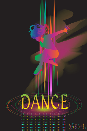 Dance Electronic music poster, cover, women dancer silhouette flyer, girl dance jumping, motion dynamic backdrops.のイラスト素材