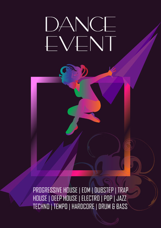 Dance Event festival wallpaper, Performance poster, flyer graphic modern design. Cover with modern women dancer, multicolored silhouette, motion dynamic effect vector. Girl Dance, Hipster style.のイラスト素材