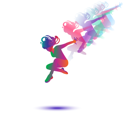 Woman modern dancer isolated with motion effect wallpaper. Modern Dance poster. Dance woman. Dancer girl. Colorful Silhouette woman Jump. Vector illustration, template for brochure, flyer, placard graphic design.のイラスト素材