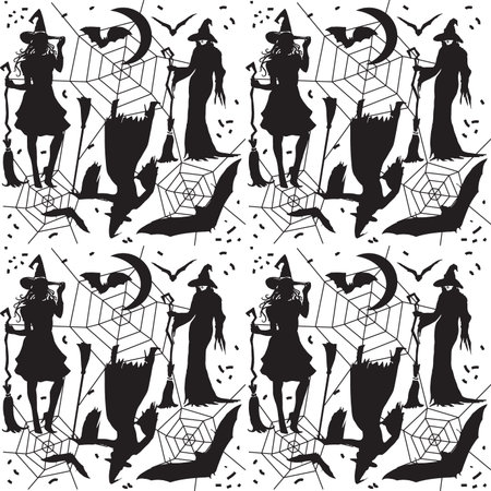 Halloween background. Halloween seamless pattern with Halloween pumpkin, bat, trees, moon and witch woman silhouettes for Halloween Holiday decoration. Halloween vector illustration. Hand Drawn. Printのイラスト素材