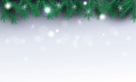 Christmas decoration - border of fir twigs garland, snowflakes falling, silver bokeh lights winter holiday background frame blank page.のイラスト素材