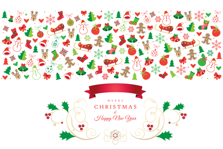Christmas and Happy New Year greeting card with christmas symbols ornament, reindeer, snowflakes, santa, snowman, bell, berry, christmas ball, star, gingerbread, icons, winter holiday banner.のイラスト素材