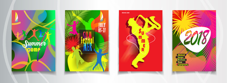 Hello Summer and Music Festival posters, flyers, brochure cover set with colorful abstract dynamic design.のイラスト素材