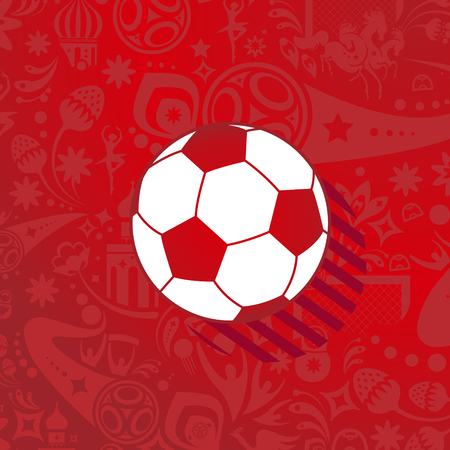 Soccer ball icon label abstract dynamic sports red pattern with football symbols, russian folk art elements template.のイラスト素材