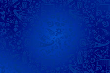 Russian World Cup blue abstract background traditional elements and sports symbols, soccer ball, award cup pattern.のイラスト素材