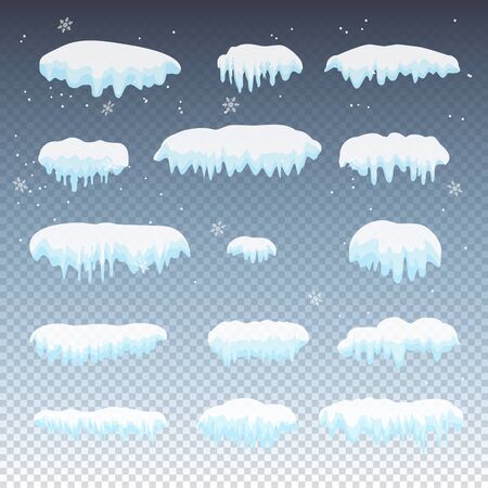 Snow caps, icicles and falling snowflakes icons setのイラスト素材