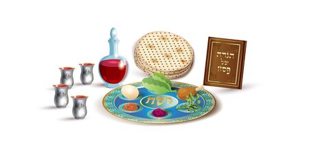 Happy Passover Holiday - translate Hebrew lettering, greeting card with four wine glass, matzah - jewish traditional bread for Passover seder, pesach plate, prayer haggadah bookのイラスト素材