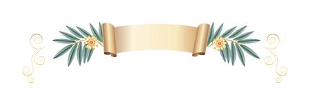 Vintage gold ribbon banner pink flowers, green Eucalyptus leafs isolated Jewish Holiday decorationのイラスト素材