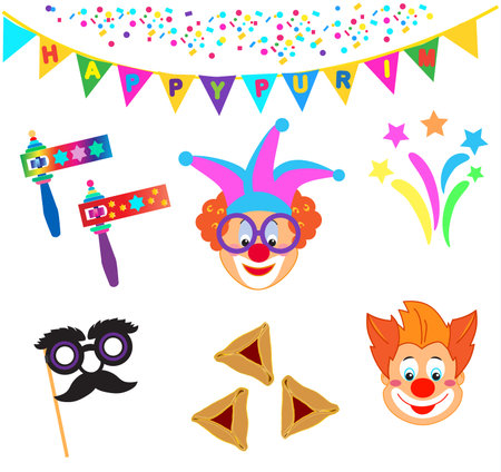 Happy Purim - Hebrew text Jewish Holiday clown mask pattern traditional symbols isolated noisemaker grogger gragger toys, Hamantaschen cookies, crown, star of David festival sign.のイラスト素材