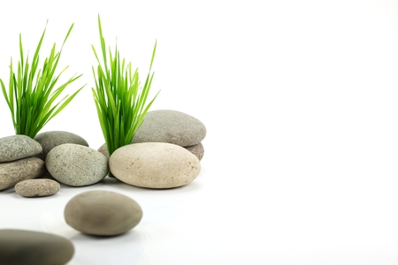 Zen stone with fresh grass on white backgroundの写真素材