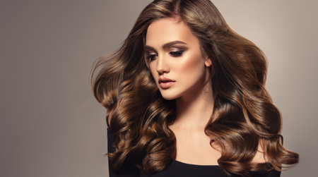 Perfect looking young woman face, dressed in splendid evening makeup and surrounded by dense, long waves of flying hair.の写真素材