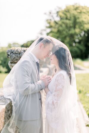 Beautiful romantic wedding couple of newlyweds hugging and holding hands near old castle railingsの写真素材
