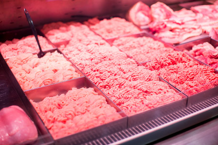 minced meat containers in a supermarket. Meat in supermarket