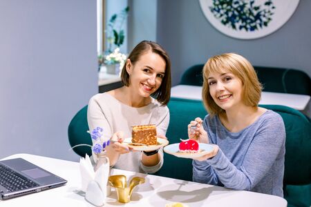Pretty female friends sharing tasty colorful cakes at indoor cafe, smiling happy. Women friendshipの写真素材