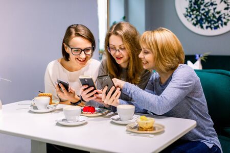 Three female friends, happy smile, a festive lunch, holiday to celebrate, in a restaurant, cafe, desserts, tea, coffee, friendly gatherings, jokes, joy, best freinds girlsの写真素材