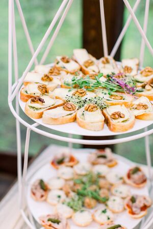 Mini canapes food. Beautiful decorated catering banquet, wooden stands. Snacks and appetizers. Wedding celebrationの写真素材