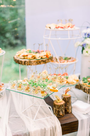 food buffet in restaurant outdoors in rustic eco style, snacks on the glass and wooden stands,...