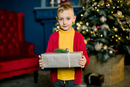 Little boy smiles and holds a Christmas present on the eve of the holidaysの写真素材