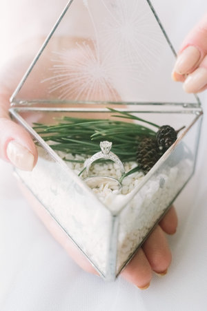 Hands of bride holding wedding rings in the glass triangle box with white sand decorated with the...