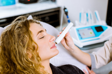 Side view of the face of beautiful blond woman in cosmetology salon during face rejuvenation...