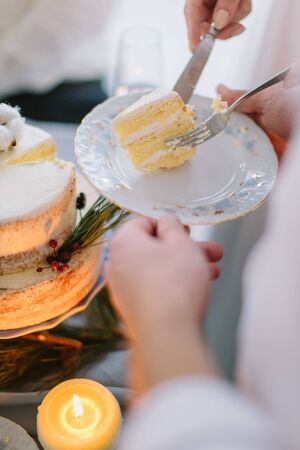 Bride and groom cut the wedding cake decorated with pine, berries and cotton flower.の写真素材