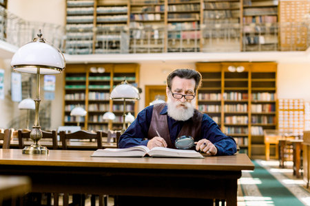Senior man working in old library, sitting at the table with books and magnifying glass, making...