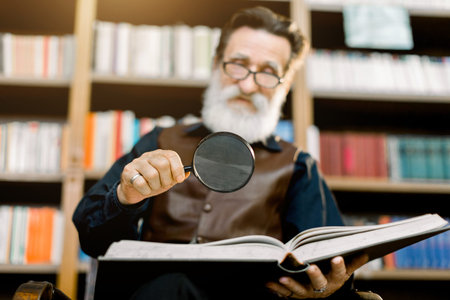 Handsome smiling senior bearded man, librarian or professor, in the library, sitting on the background of bookcases, holding magnifying glass and reading book. Focus on the glass and book.の写真素材