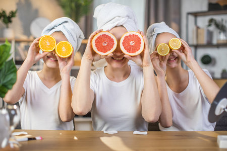 Pretty caucasian woman and two teen girls sitting together at table and keeping slices of citrus near eyes. Mother with daughters doing natural face mask during free time at home.の写真素材