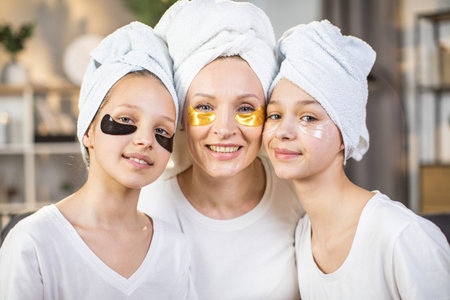 Portrait of caucasian mother and her two daughter posing at home with collagen patches under eyes and bath towel on head. Concept of family, skin care and domestic lifestyles.の写真素材