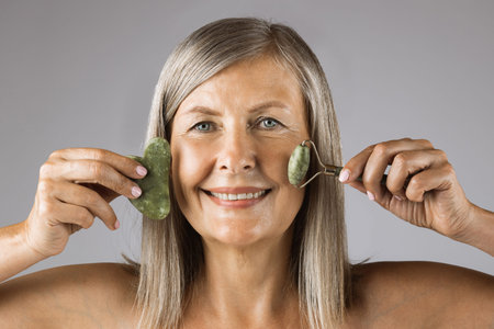 Portrait of mature caucasian woman holding gua sha massage tools while posing over grey studio...