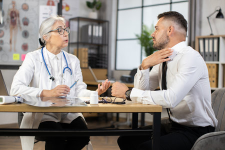 Caucasian man in business clothes complaining of sore throat during appointment at modern clinic. Mature female doctor in eyewear and uniform sitting at desk and listening carefully male patient.の写真素材