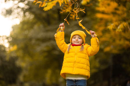 Happy autumn concept. A little girl in a yellow jacket and cap is playing with tree branch and laughing. Happy girl in autumn park. Copy space.の写真素材