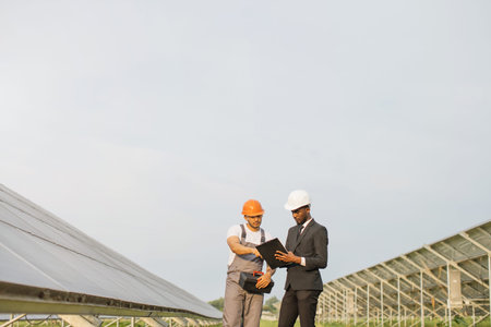 African american man in black suit and white helmet standing with indian technician in uniform on...